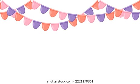 Celebration flag garland bunting. Pink, violet, orange pennants chain. Party flags decoration for wedding, birthday, baby shower, bridal shower, Christmas. Vector in cartoon style