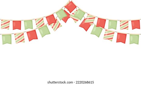 Celebration flag garland bunting. Red, green, beige pennants chain. Party flags decoration for wedding, birthday, baby shower, bridal shower, Christmas. Footer or banner background