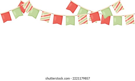 Celebration flag garland bunting. Red, green, beige pennants chain. Party flags decoration for wedding, birthday, baby shower, bridal shower, Christmas. Footer or banner background