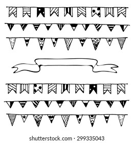 Celebration flags and ribbon Set. Doodle sketch style.