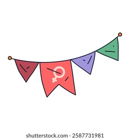 Celebration flags with venus sign. Vector greeting decoration for female holiday, woman festive. Feminist celebration sign. 8 or eight march national holiday. Gender equality clipart. Lady celebrate.