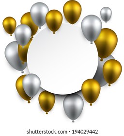 Celebration frame background with golden and silver balloons. Vector illustration. 