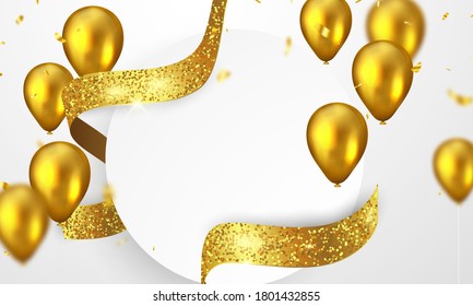 Celebration frame party banner with Gold balloons background. Sale Vector illustration. Grand Opening Card luxury greeting rich.