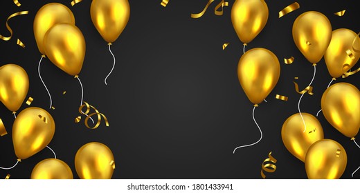 Celebration frame party banner with Gold balloons background. Sale Vector illustration. Grand Opening Card luxury greeting rich.