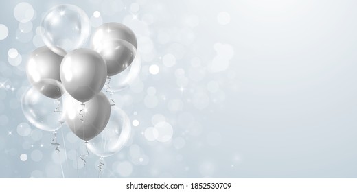 Celebration frame party banner with gray balloons background. Sale Vector illustration. Grand Opening Card luxury greeting rich.