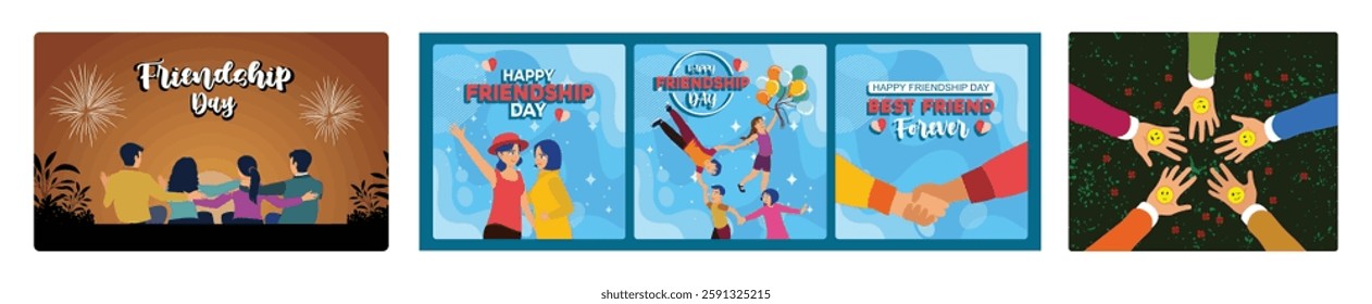 Celebration Friendship Day. Friends forever. A group of happy friends gathered together. Friendship Day concept. Set flat vector illustration.