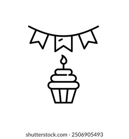 Celebration garland and cupcake with candle. Baby first birthday party. Pixel perfect vector icon