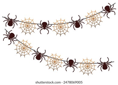 Celebration garland of spiders and spider webs. Halloween spider web. Birthday.