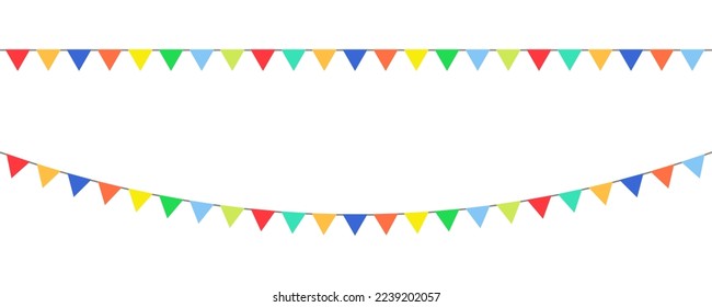 Celebration garlands on white background. Hanging triangle colorful garland. Holiday vector background.