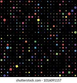 Celebration Geometric Confetti Vector Background. Rainbow Colors Squares of Different Size on Black Backdrop. Abstract Geometric Dynamic Vibrant Vector Background for Holiday Celebration Decoration