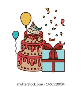 celebration with gift box and cake on white background