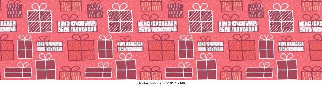 Celebration gift box vector seamless pattern. Birthday Wrapping paper design in doodle style. EPS 10 Christmas packaging pattern for fabric, textile, texture, wrapping paper, wallpaper. 