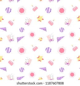 Celebration gift, cute minimal seamless pattern birthday pastel memphis design abstract background vector illustration