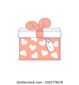 Regalo de celebración para un ser querido, Present Box, empacando en corazones rojos. Concepto de icono de ilustración vectorial de esquema plano.