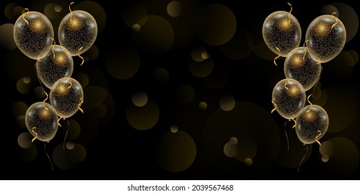 Celebration glittery gold balloons on a black background with with lights