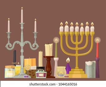 Celebration glowing religion candles birthday traditional decoration romance night bright flam burning object vector illustration.