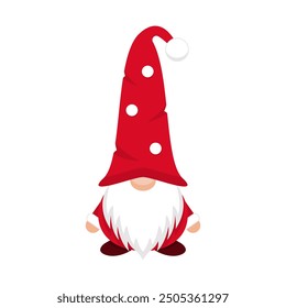 Celebration gnome in spotted cap. Happy christmas character in red hat covering his eyes with white beard as festive scandinavian symbol