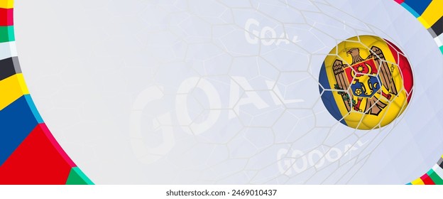 Celebration Goal for Moldova football team in colorful design. Perfect for illustrating soccer success, international football tournaments, and sports-themed promotions. Vector template.