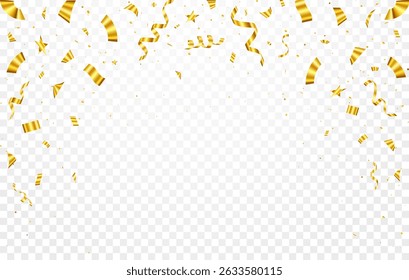 Celebration gold confetti background with ribbons and stars on transparent background. holiday, birthday, celebration party, confetti illustration.