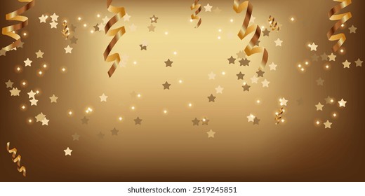 Celebration golden background gold serpentine ribbons confetti Shiny party Template with shining stars Copy space Concept holiday decor card poster banner Birthday Party Sale