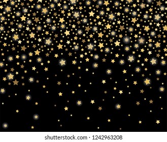 Celebration golden stars confetti abstract. Festive sparkling garland shiny magical winter black background. Christmas and New Year holiday gold star confetti concetp. Vector illustration