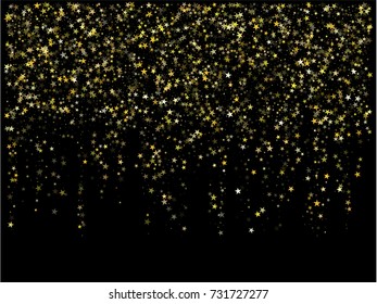 Celebration Golden Stars Confetti. Festive Sparkling Garland. Falling Shimmer, Shiny Magical Winter Design. Bohemian Texture, Golden Stars Confetti. Christmas, New Year Celebration Holiday Background.