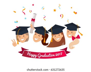 Celebration graduation banner. Group of happy graduates with  diplomas celebrating graduation, smiling.  Vector illustration 