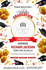 Celebration Graduation party, honoring graduate poster template, frame with 3d realistic academic hat, diploma, festive balloons and confetti, white background with place for text. Vector illustration