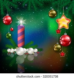 Celebration green greeting with snowflakes and Christmas candle
