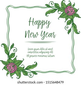 Celebration greeting card of happy new year with beautiful pink rose flower frame. Vector
