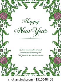 Celebration greeting card of happy new year with beautiful pink rose flower frame. Vector