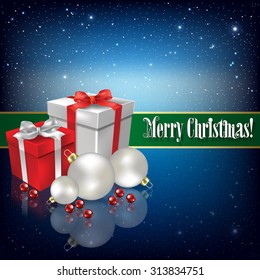 Celebration greeting with Christmas gifts and snowflakes on blue background