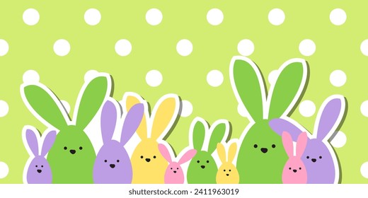 Celebration Greeting Easter card, colorful easter bunny family on polka dot background