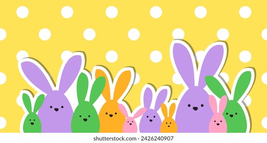 Celebration Greeting Easter card, colorful easter bunny family on polka dot background