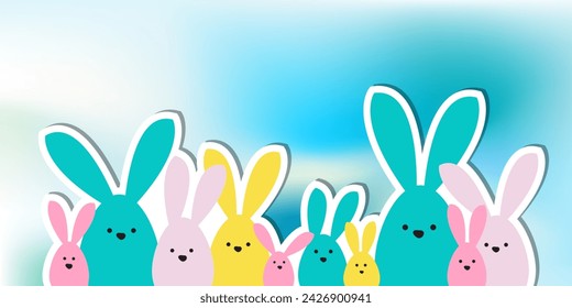 Celebration Greeting Easter card, colorful easter bunny family on polka dot background