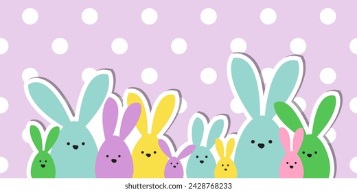 Celebration Greeting Easter card, colorful easter bunny family on polka dot background