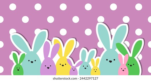 Celebration Greeting Easter card, colorful easter bunny family on polka dot background