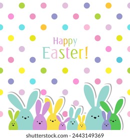 Celebration Greeting Easter card, colorful easter bunny family on polka dot background