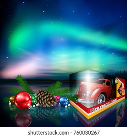 celebration greeting with fire truck toy Christmas decorations and aurora borealis