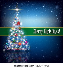 Celebration greeting with illuminated Christmas tree and snowflakes on blue
