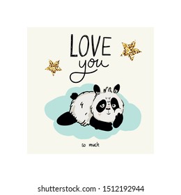 Celebration greeting and invitation card with cute panda on the cloud. Vector illustration. Love you lettering