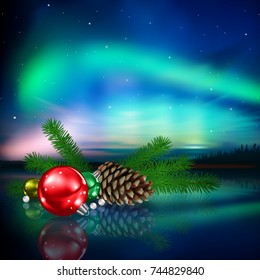 celebration greeting with pine cone Christmas decorations and aurora borealis