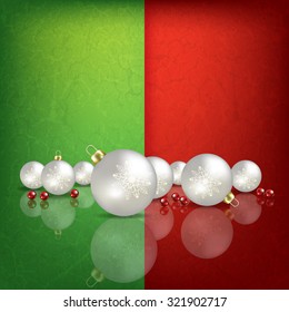 Celebration greeting with white Christmas decorations on green red background
