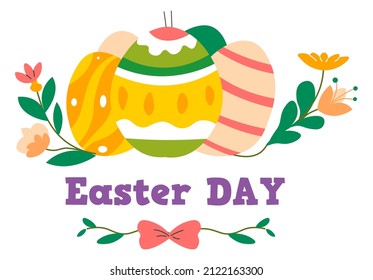 Celebration and greetings of easter day, religious holiday in spring season. Isolated banner with painted eggs with ornaments and patterns, blooming flowers and foliage. Vector in flat style