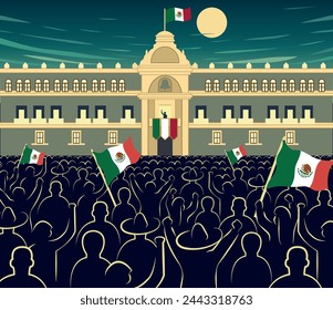 Celebration "grito de independencia of Mexico. Plinth with silhouettes of people celebrating with country flags.