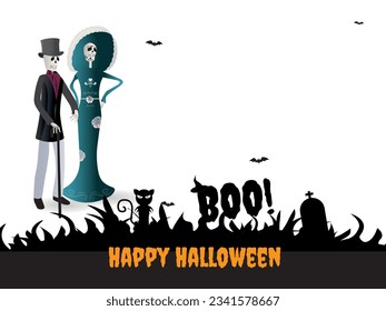 Celebration of Halloween day, skeleton couple dressed on white background and at the bottom icons related to the theme.