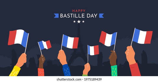 Celebration Happy Bastille day July 14th vector illustration. Cartoon hands waving France flags on dark background.