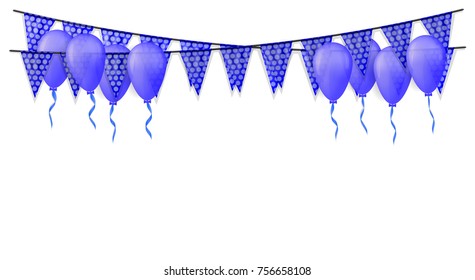 Celebration or happy birthday background with blue balloons and party flags with dots