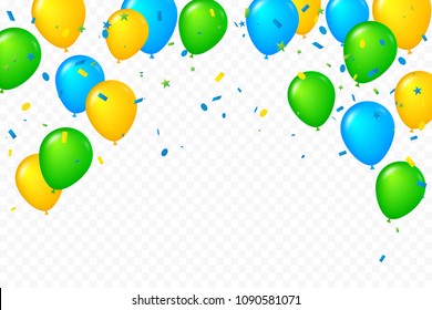 Celebration & Happy birthday banner with colorful confetti and balloons isolated on transparent background. Vector