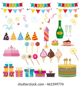 Celebration happy birthday party symbols carnival festive vector set. Colorful happy birthday party symbols hat, gifts, balloon. Happy birthday party symbols event funny decoration collection.